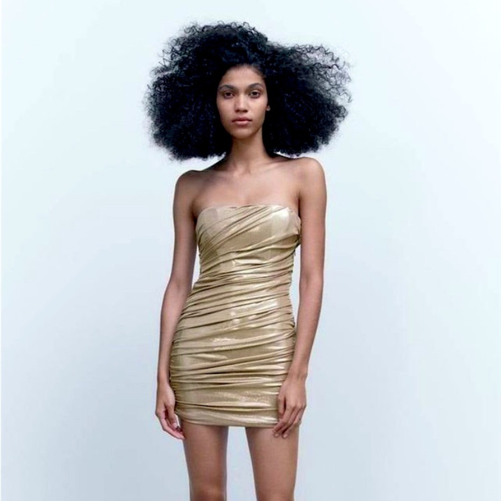 Zara Metallic Gold Strapless Mini Dress